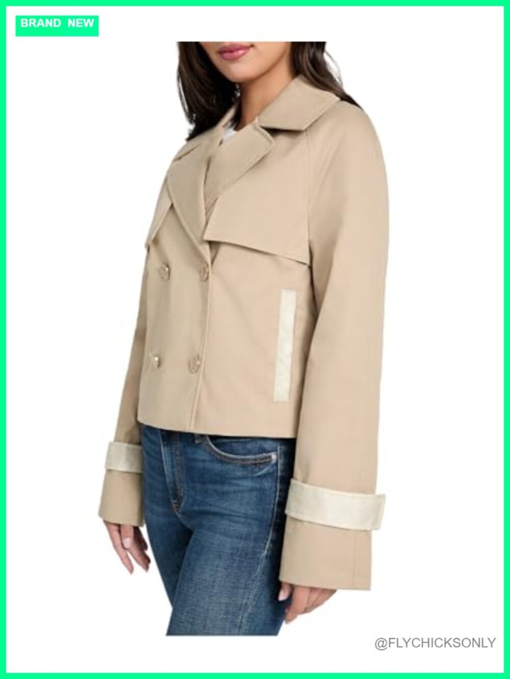 Cropped Double Breasted Trench Coat with Quilted Back Notch Collar Snap Pockets